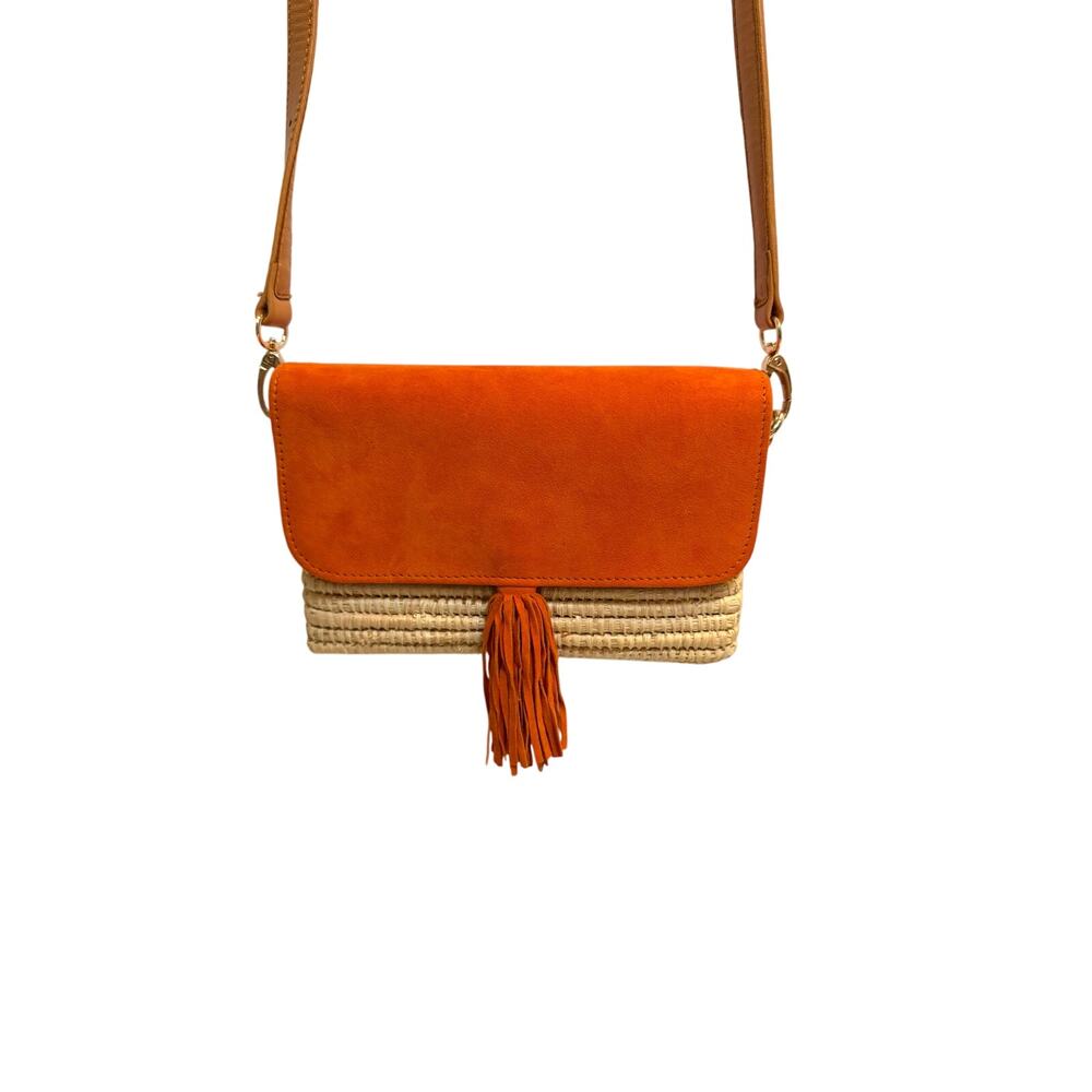 Orange Suede & Straw Crossbody with Tassel Accent